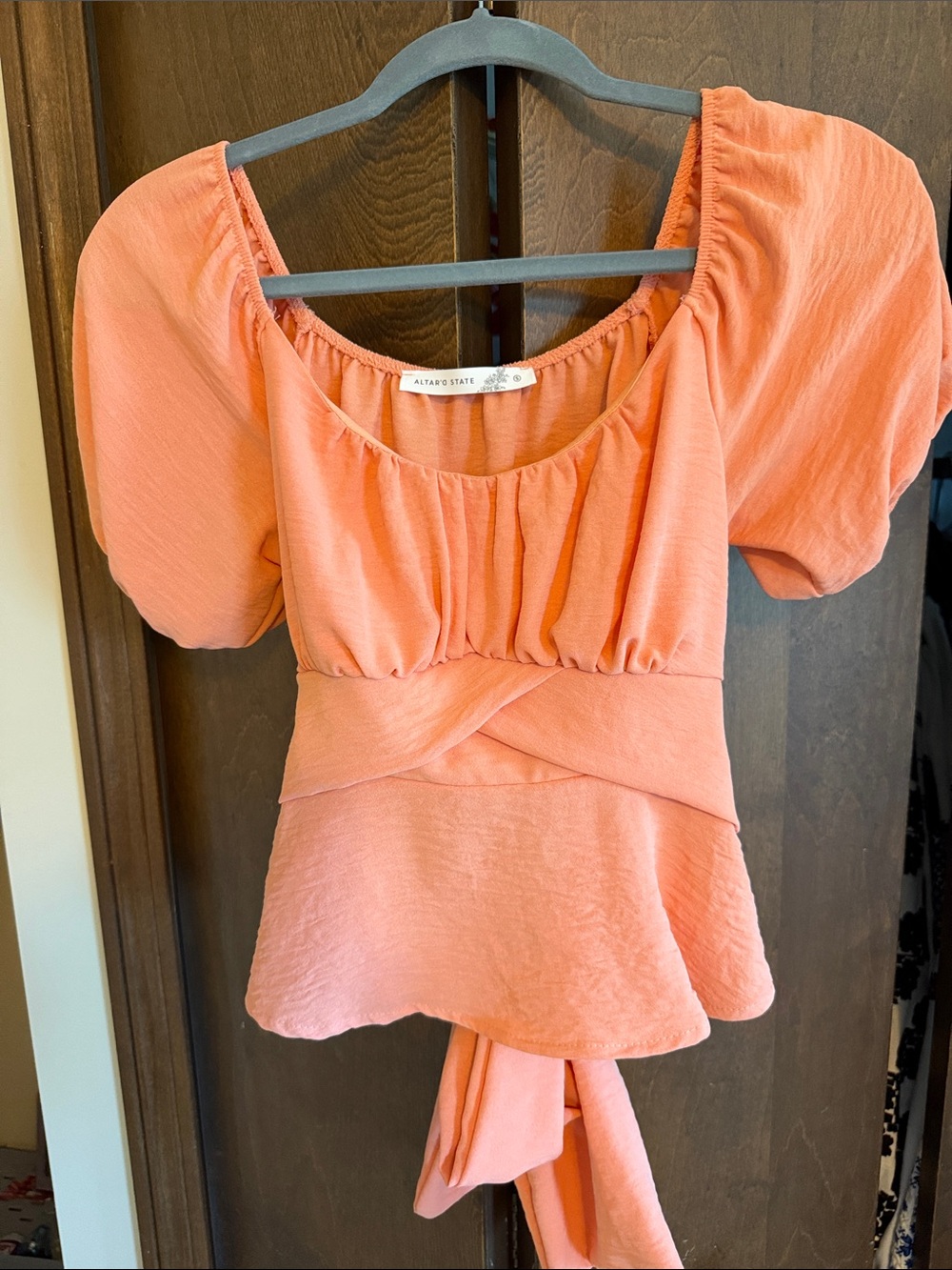 Altar'd State Peach Puff-Sleeve Tie-Back Blouse